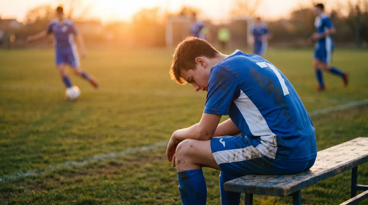Teenage athlete sitting on sideline, exhausted, golden hour light